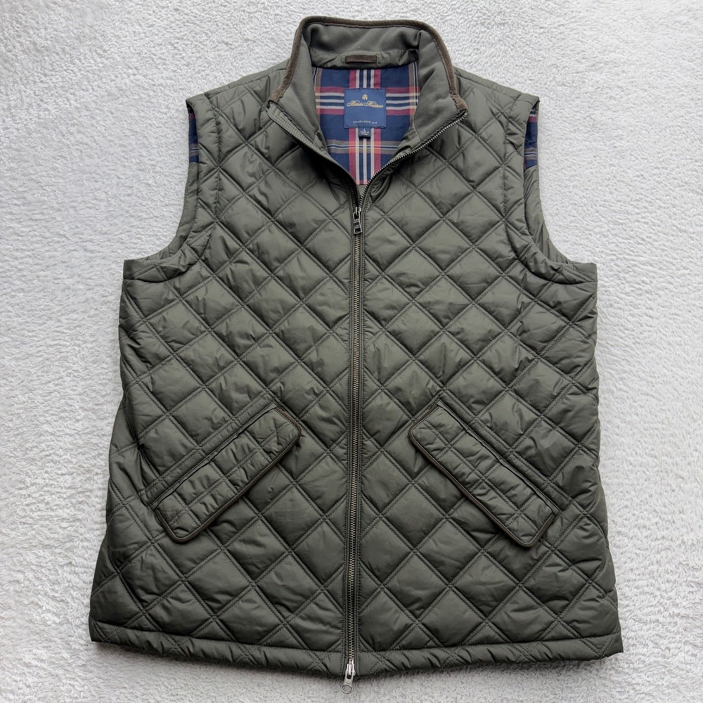 Brooks Brothers Mens Olive Green Quilted Thermore Vest Plaid Lining Large